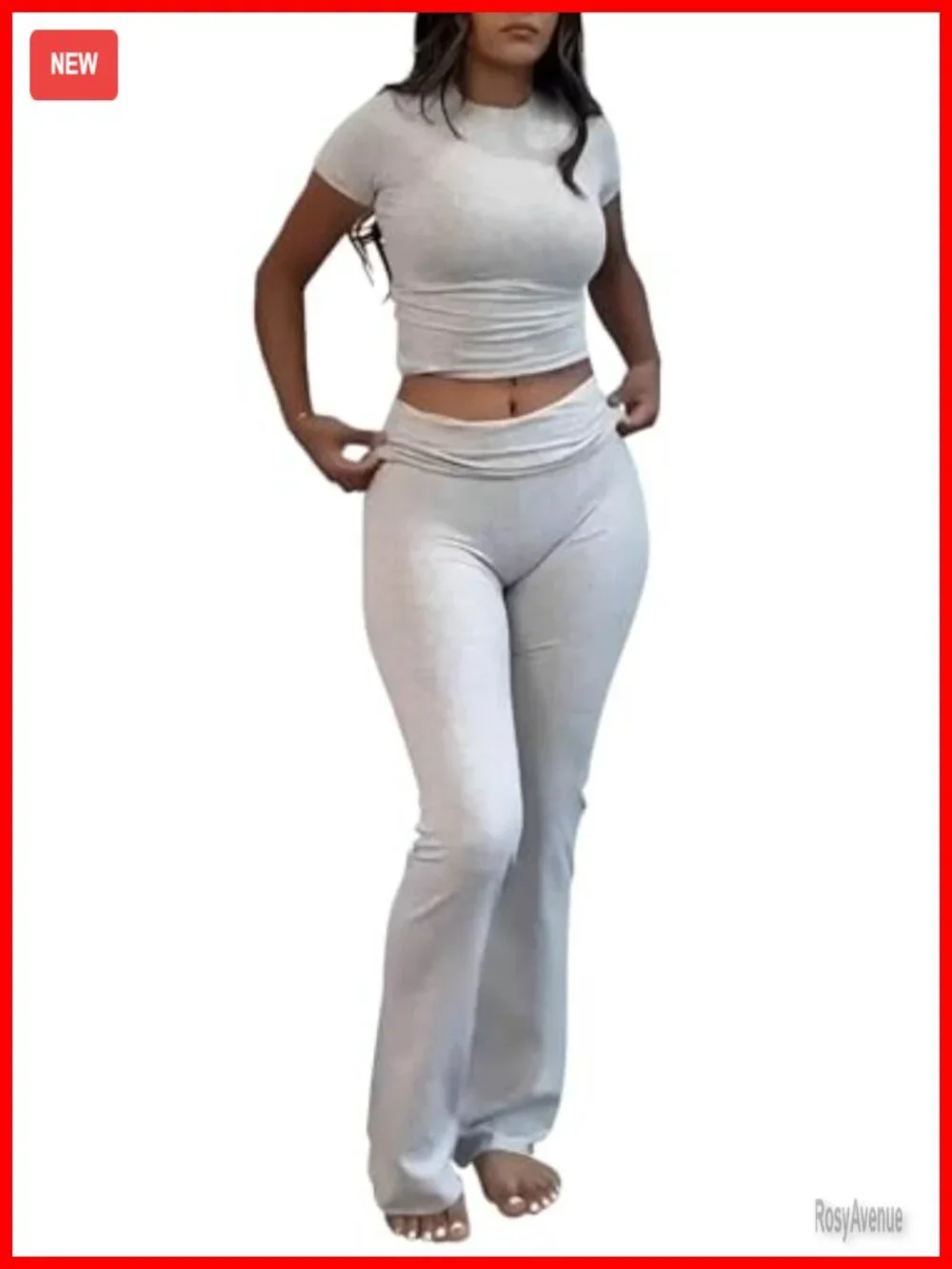 2 Piece Lounge Set Short Sleeve Crop Top Foldover Flare Pants Pajama Outfit